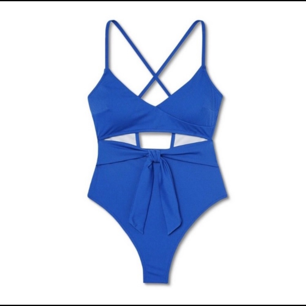 Sapphire Blue Ribbed Front Cut-Out Sash-Tie One Piece Swimsuit Beachwear NWT Sml
